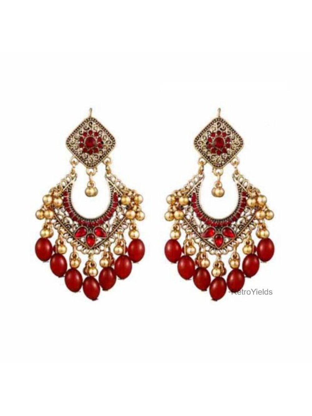 Vintage Gold-Tone Plated Chandelier Drop Earrings Cubic Zirconia Beaded Tassel